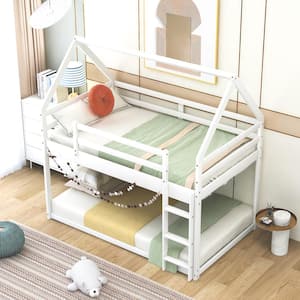 White Twin Over Twin Low Bunk Bed, House Bed with Ladder