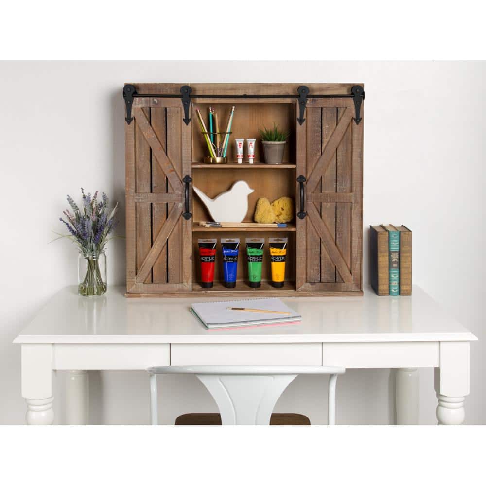 Rustic Brown Wood Wall Cabinet with Sliding Barn Doors