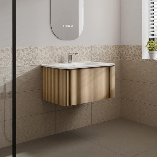 Aaby 30 in. W x 18 in. D x 15 in. H Wall Mounted Floating Bath Vanity Cabinet in Oak with White Ceramic Top and Sink