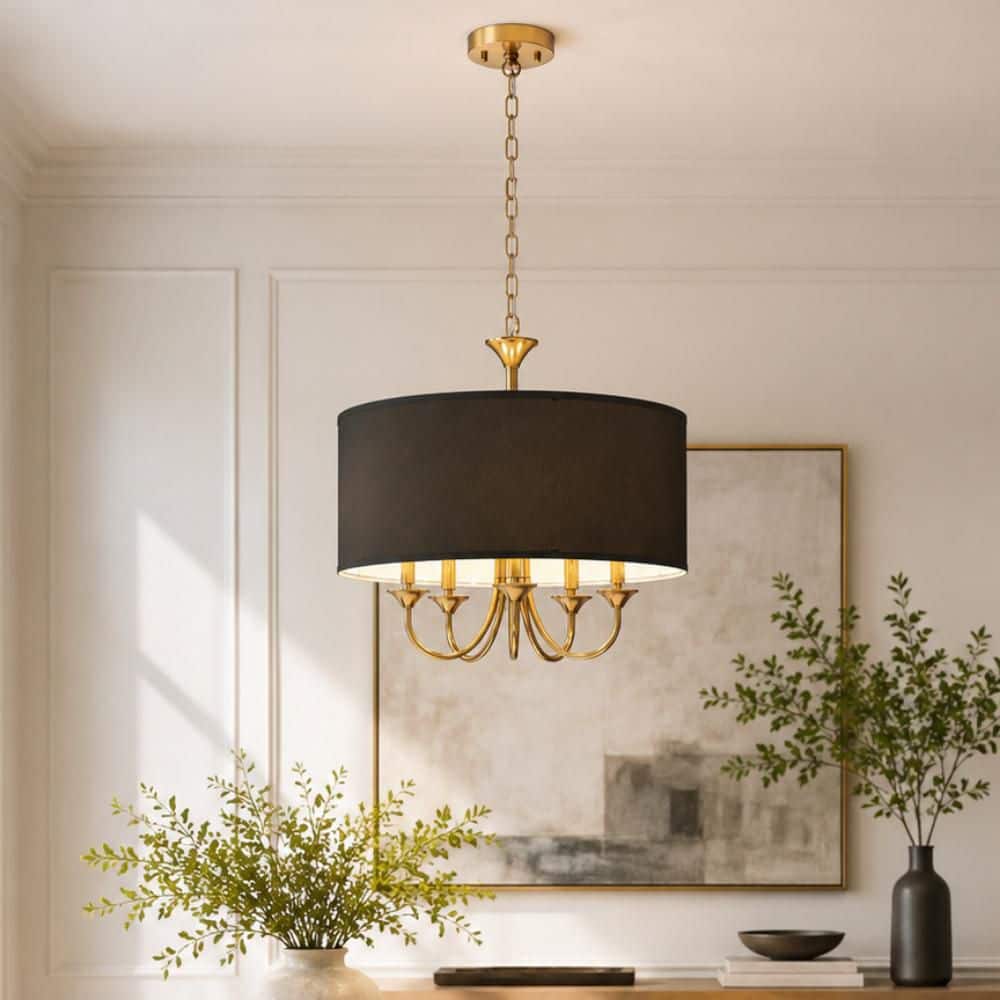 Emeritpro 5-Light Modern Black and Gold Drum Chandelier with