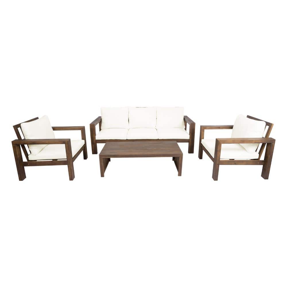 Brown 4-Piece Patio Sofa Set, Outdoor 5-Person Sofa Set with Cushions and a Coffee Table