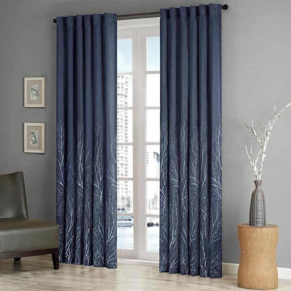 Eliza Navy Botanical Polyester 50 in. W x 84 in. L Room Darkening Rod Pocket and Back Tabs Curtain with Lining