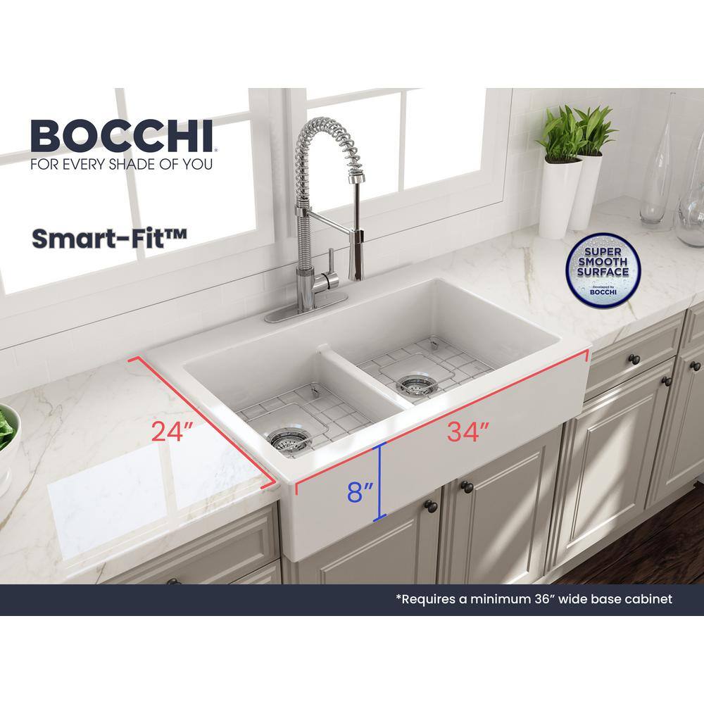 Nuova 34'' White Fireclay Double Bowl Farmhouse Sink