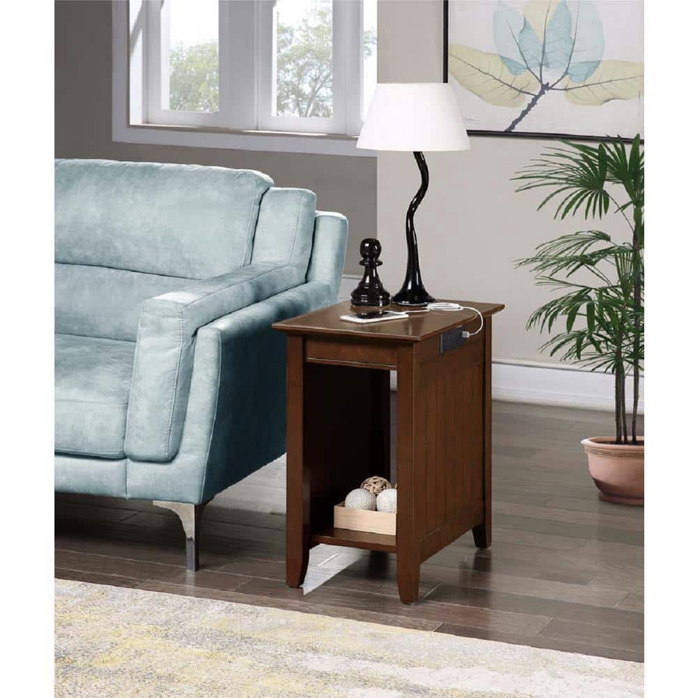 Espresso Wood Rectangular End Table with Charging Station
