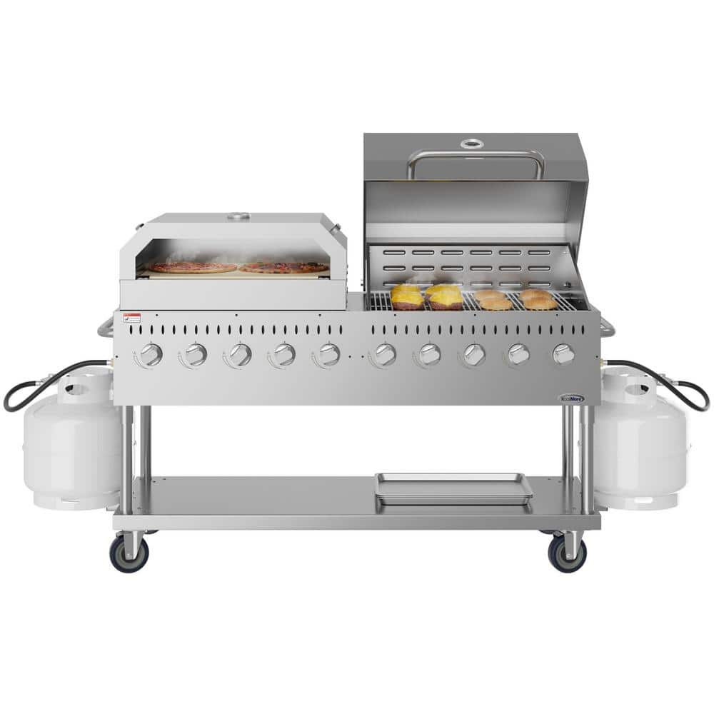 Portable Commercial Outdoor Propane Grill 72 in. with 36 in. Roll Dome Cover and 36 in. Pizza Oven in Stainless Steel