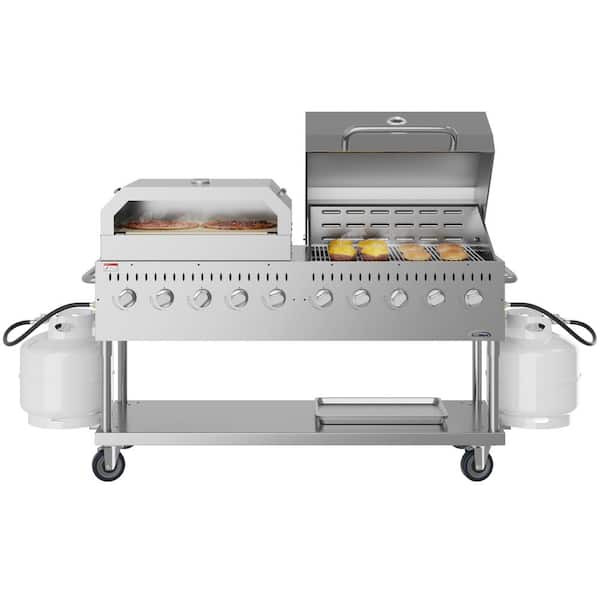 Portable Commercial Outdoor Propane Grill 72 in. with 36 in. Roll Dome Cover and 36 in. Pizza Oven in Stainless Steel