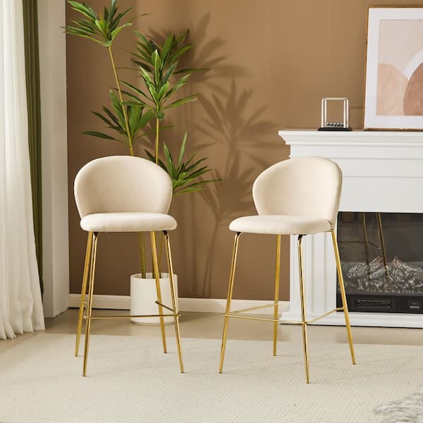 CHRISTOPHER KNIGHT HOME Evren 29.5 in. Modern Glam Fabric Upholstered Bar Stools, Metal, Beige Plus Gold, Set of 2