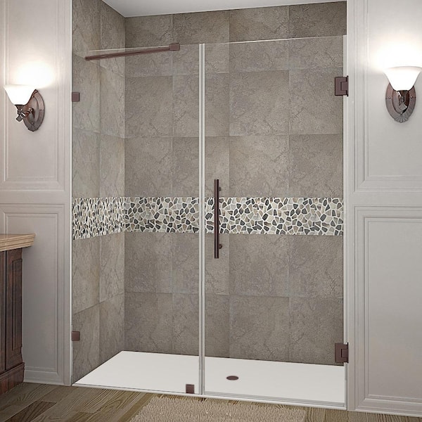 Aston Nautis 69.25 in. - 70.25 in. x 72 in. Frameless Hinged Shower Door in Bronze