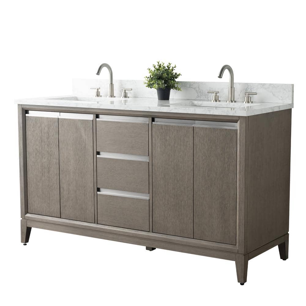Driftwood Gray Double Sink Bathroom Vanity with Marble Top