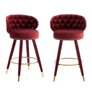 24.21. Modern Claret Red Velvet Wood Swivel Counter Height Bar Stools with Tufted Backrest and Copper Nails Set of 2