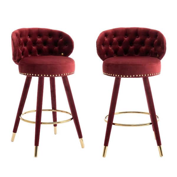 HOMEFUN 24.21. Modern Claret Red Velvet Wood Swivel Counter Height Bar Stools with Tufted Backrest and Copper Nails Set of 2