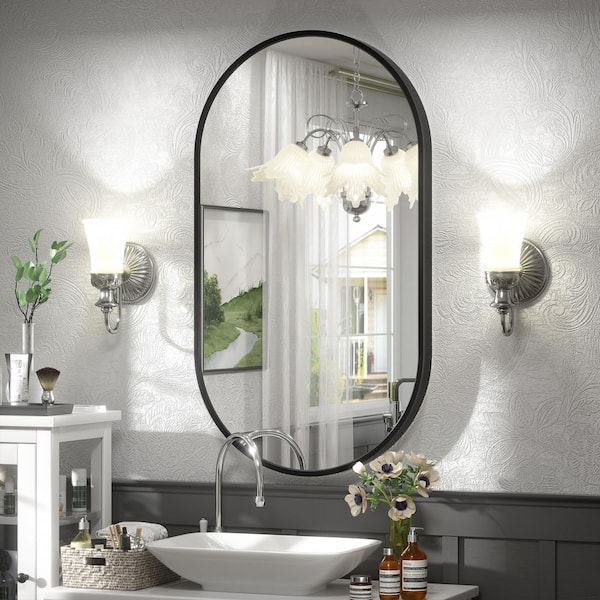 20 in. W x 36 in. H Oval Aluminum Alloy Framed and Tempered Glass Wall Decor Bathroom Vanity Mirror in Matte Black