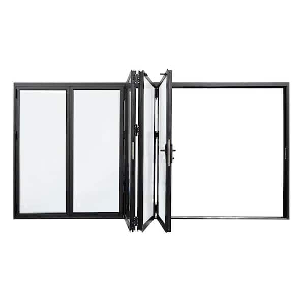144 in. x 80 in. Black Right handle/Outswing Aluminum Folding Patio Door with Double-Pane Tempered Glazing and Lock Set
