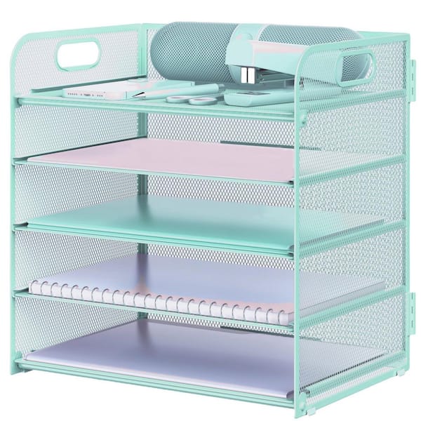 12.5 in x 13.5 in blue Metal Letter Tray 5-Tier Desk Organizer File Paper Holder with Handle, 1 Pack