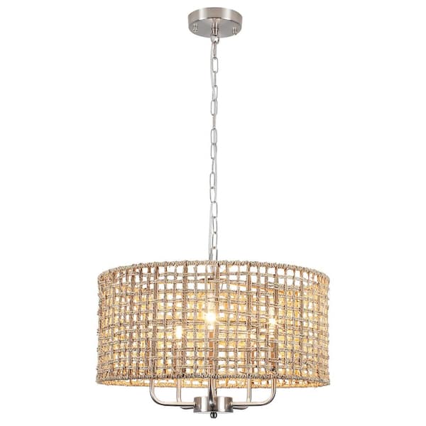 ADSENSTY 5-Light Nickel Round Rattan Pendant Design Drum Chandelier with Hand Woven Shade