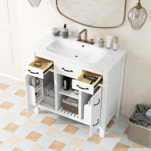 36 in. W x 18 in. D x 33 in. H Single Sink Freestanding Bath Vanity in White with White Resin Top and Storage Cabinet