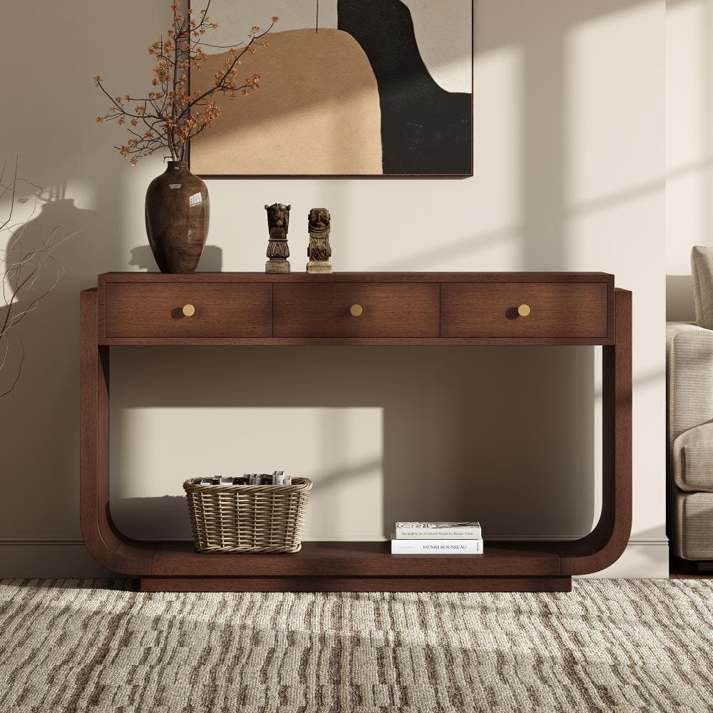 55.04 in. Walnut Modern Vintage Console Table with 3 Storage Drawers, Curved Legs and Metal Hardware price history on PriceWatchPro