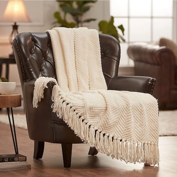 Textured Knit Creme Acrylic Polyester Throw Blanket with Tassels - 50 in. x 65 in.