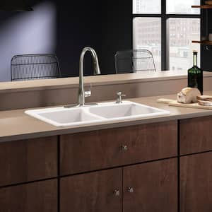 Brookfield Drop-In Cast-Iron 33 in. 4-Hole Double Bowl Kitchen Sink with Simplice Faucet in White