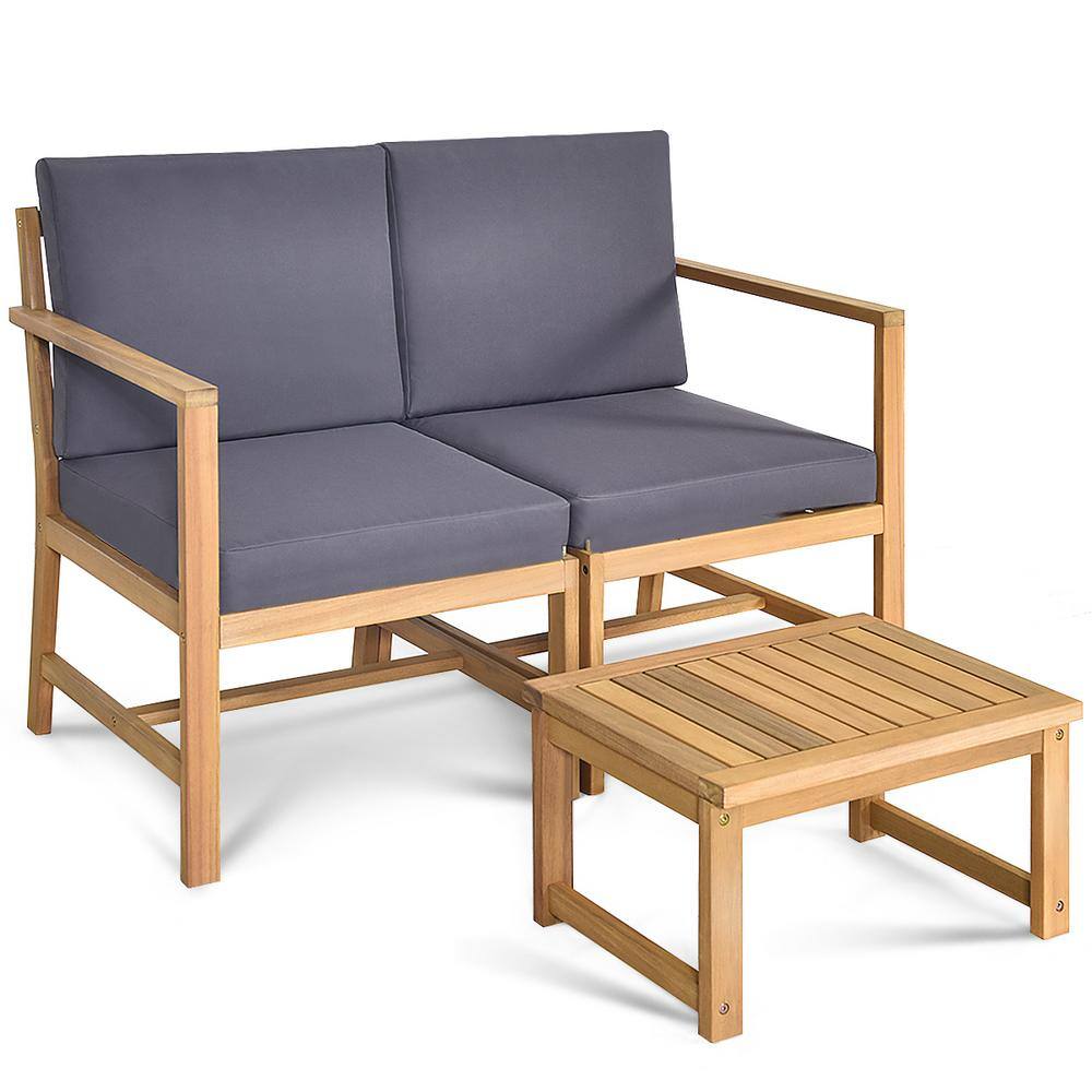 3-Piece Wood Patio Conversation Set Garden Furniture with Gray Cushions price history on PriceWatchPro