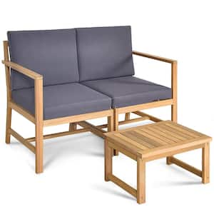 3-Piece Wood Patio Conversation Set Garden Furniture with Gray Cushions