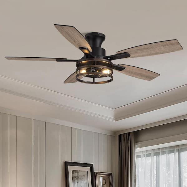 52 in. Farmhouse Caged Flush Mount Ceiling Fan with Light with Remote, Walnut or Black Reversible Blades for Indoor