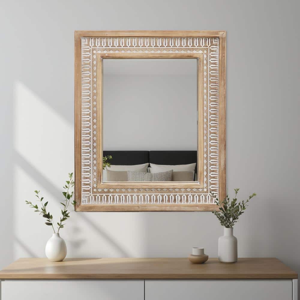 Medium Brown and White Carved Wood Farmhouse Decorative Mirror