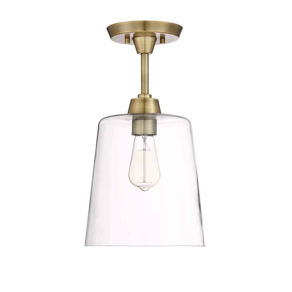 Meridian Clear Glass & Natural Brass 1-Light Semi-Flush Mount