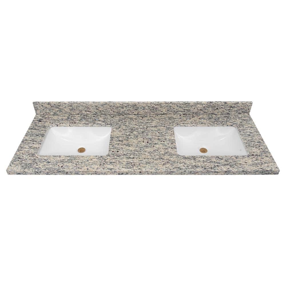 61 in. W x 22 in D Granite White Rectangular Double Sink Vanity Top in Brow