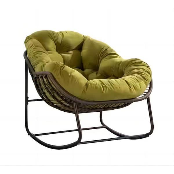 Unbranded Deluxe Oversized Wicker Rattan Padded Steel Frame Indoor and Outdoor Rocking Chair with Olive Cushion