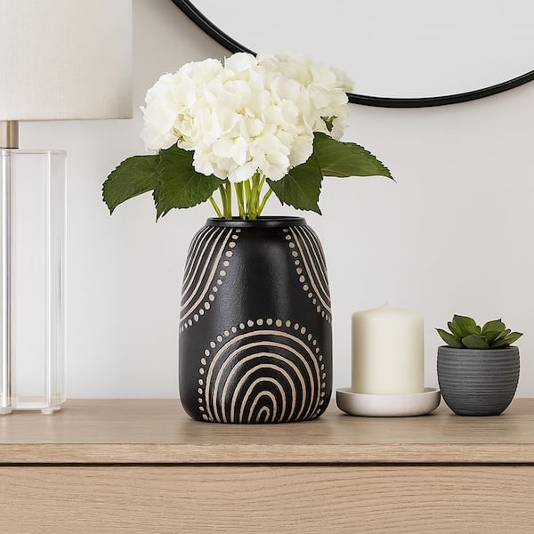 9 in. Black Ceramic Round Tribal Arched Decorative Vase