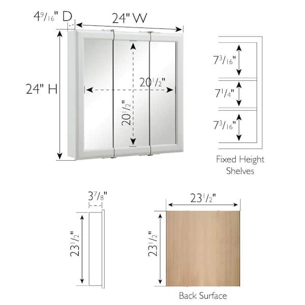 Classic 24 in. x 24 in. x 4-3/4 in. Surface-Mount Tri-View Bathroom Medicine Cabinet in White