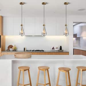 1-Light Modern Gold Chandelier, Pendant Light Kitchen Island with Raindrop Glass Shade (2-Sets)