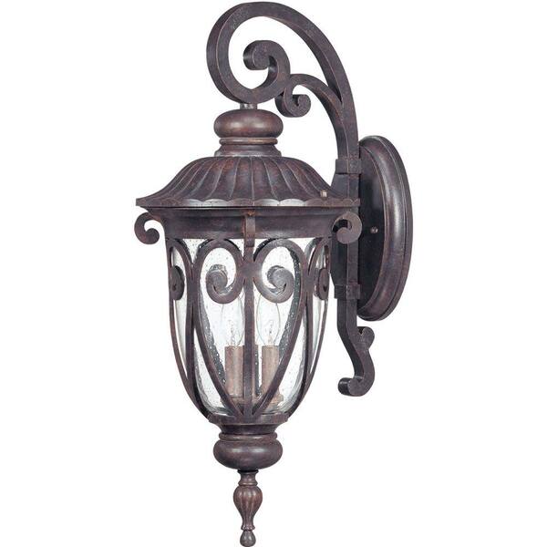 Glomar 3-Light Outdoor Burlwood Large Wall Lantern Arm Down with Seeded Glass