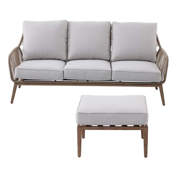 Hampton Bay Haymont 2-piece Steel Wicker Outdoor Couch and Ottoman with CushionGuard Beige Cushions