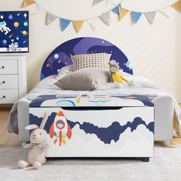 Costway Blue 29.5 in. Kids Upholstered Storage Ottoman Bedroom Bench Versatile Toy Chest Footrest Stool with Lid