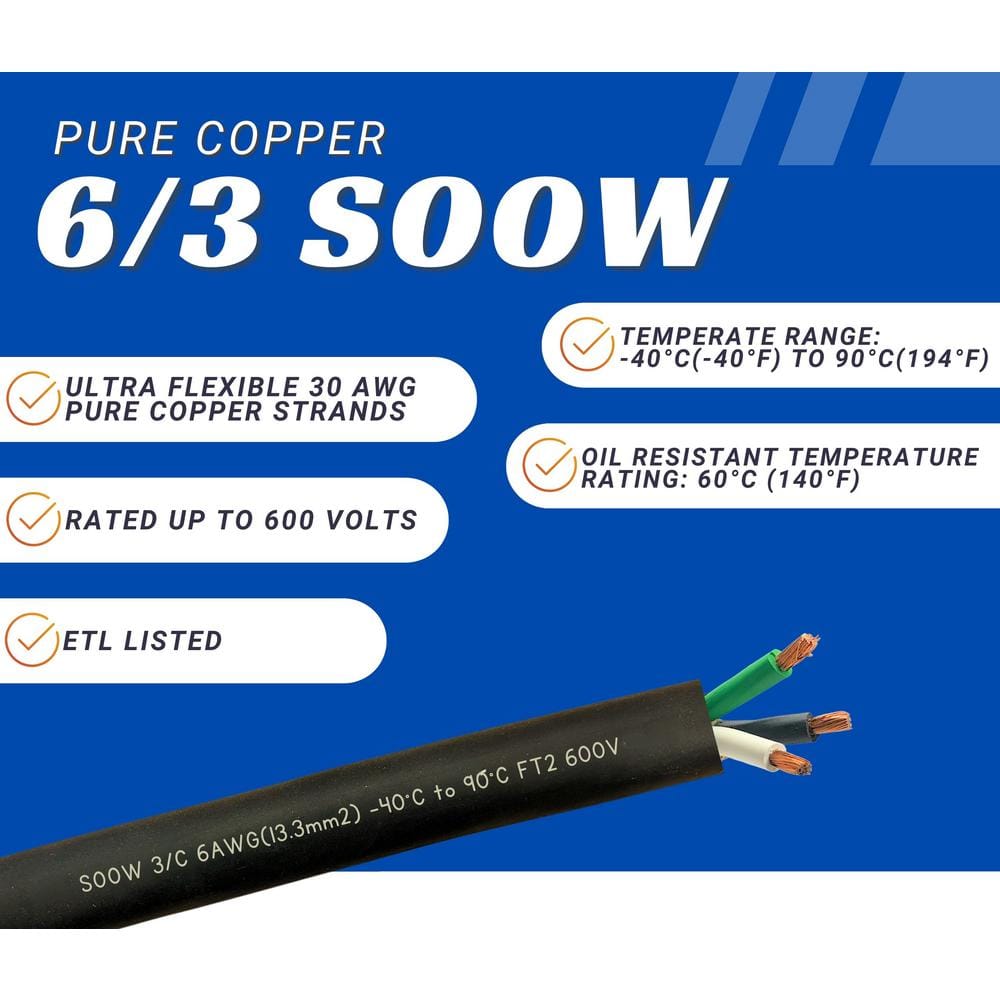 20 Feet Black Copper 6 Gauge SOOW Cable