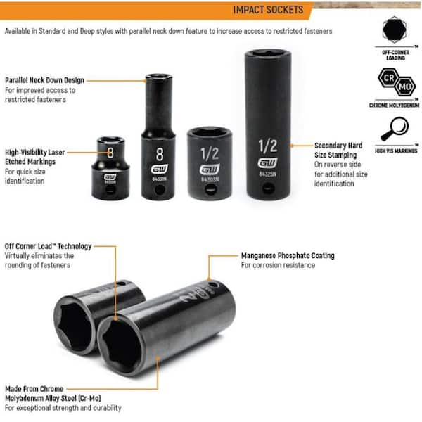 GEARWRENCH 1/2 in. Drive 6-Point SAE/Metric Deep Impact Socket Set