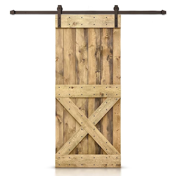 CALHOME 38 in. x 84 in. Distressed Mini X Series Weather Oak Solid with Hardware Kit Pine Wood Interior Sliding Barn Door