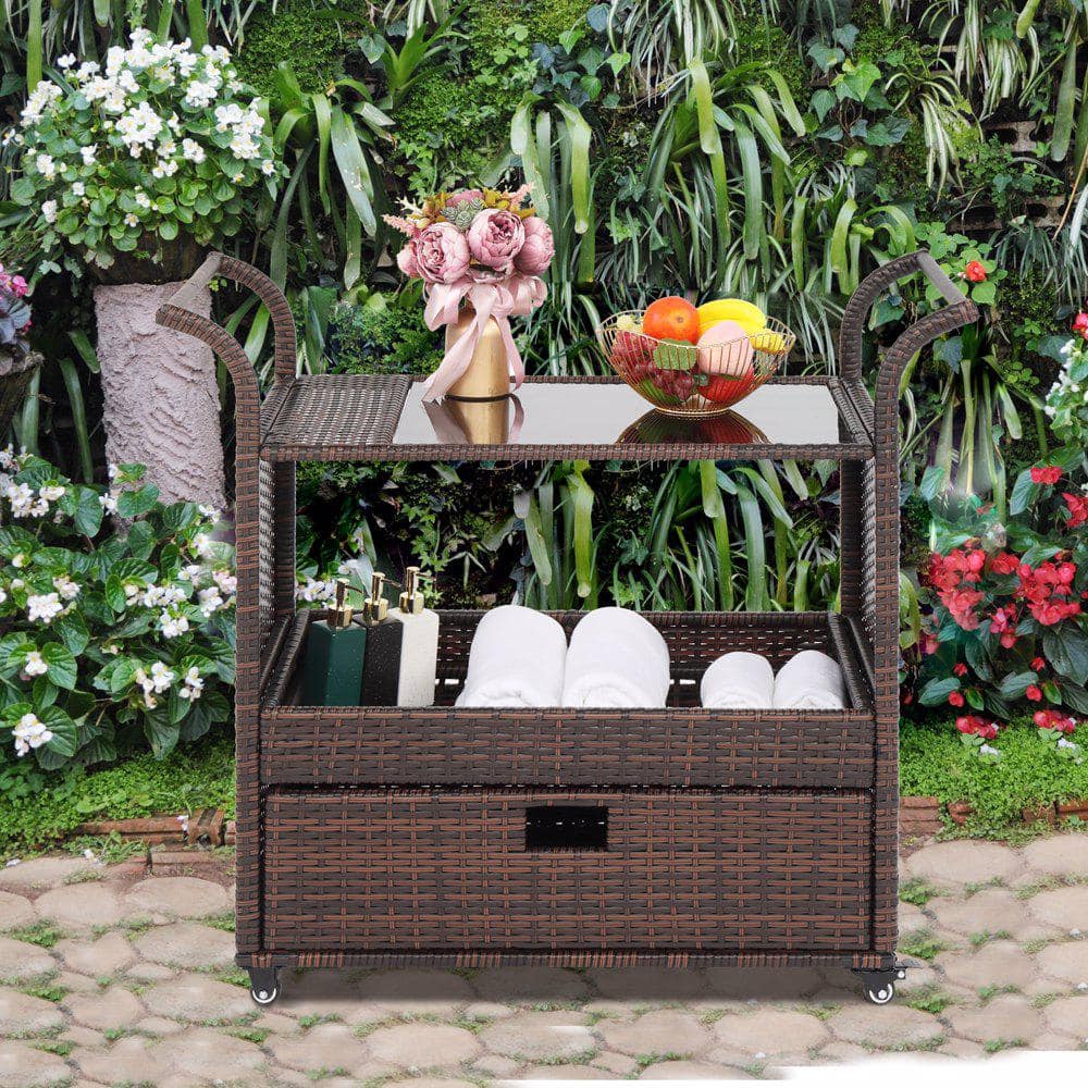 Multi-Brown Wicker and Iron Indoor Bar Cart with Storage