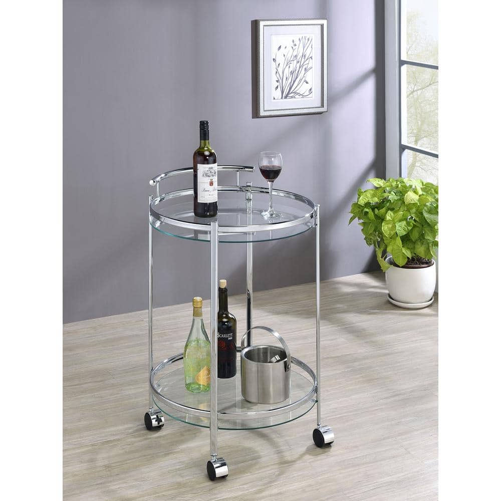 Modern Glam Silver Chrome Round Bar Cart with Tempered Glass Shelves
