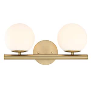 Crown Heights 16 in. 2-Light Brushed Gold Vanity Light with Etched Opal Glass Shades