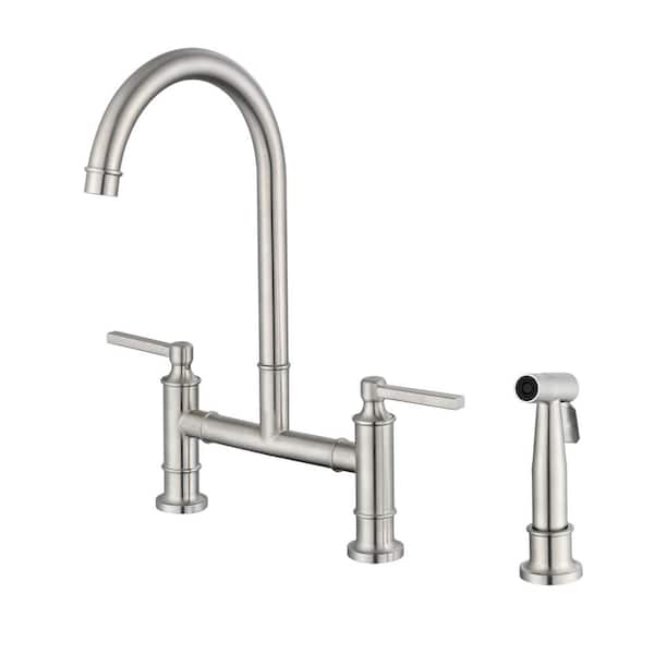 Unbranded Double Handle Bridge Kitchen Faucet with Side Spray and 360-Degree Swivel Spout Modern Sink Faucet in Brushed Nickel