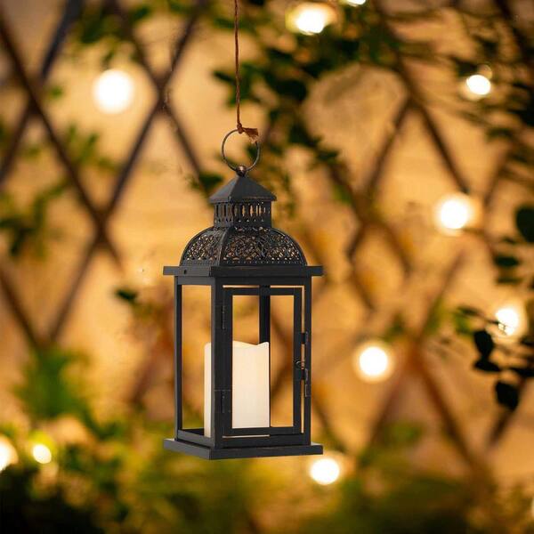 15 in. x 5 in. Black Metal Vintage Lantern with LED Candle
