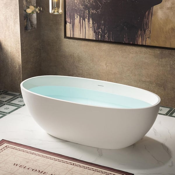 67 in. x 30.75 in. Solid Surface Stone Resin Soaking Bathtub with Center Drain in Matte White