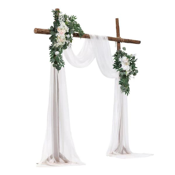 15.56 in 4-Piece White Artificial Wedding Arch Flowers with Drapes Kit Floral Backdrop Decor