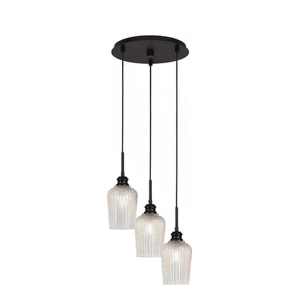 Unbranded Albany 60-Watt 12.25 in. 3-Light Espresso Cord Pendant Light Silver Textured Glass Shade