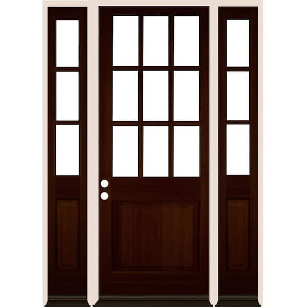 Krosswood Doors 64 in. x 96 in. Farmhouse 9-Lite Clear Glass Right Hand Red Mahogany Stain Hemlock Wood Prehung Front Door w/ DSL