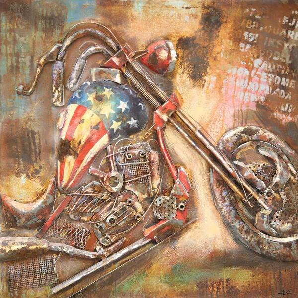 Yosemite Home Decor 40 in. x 40 in. "American Motorcycle" Hand Painted Metal Wall Art