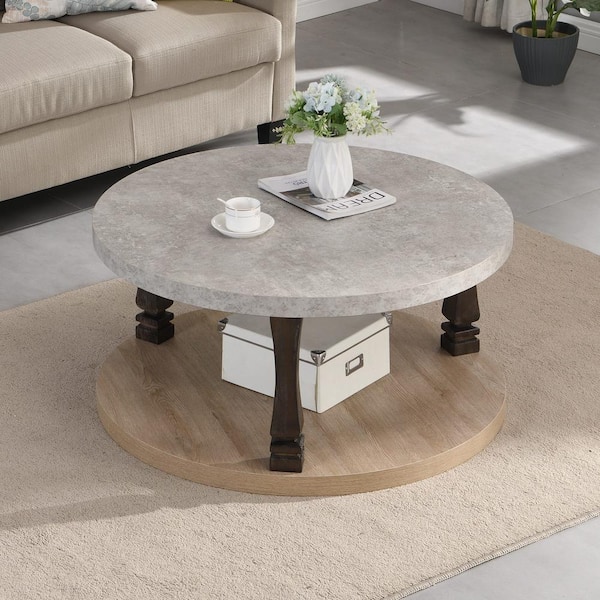 Zeus & Ruta Mid-Century 2-Tier Round Coffee Table in Gray with Storage Shelf for Living Room